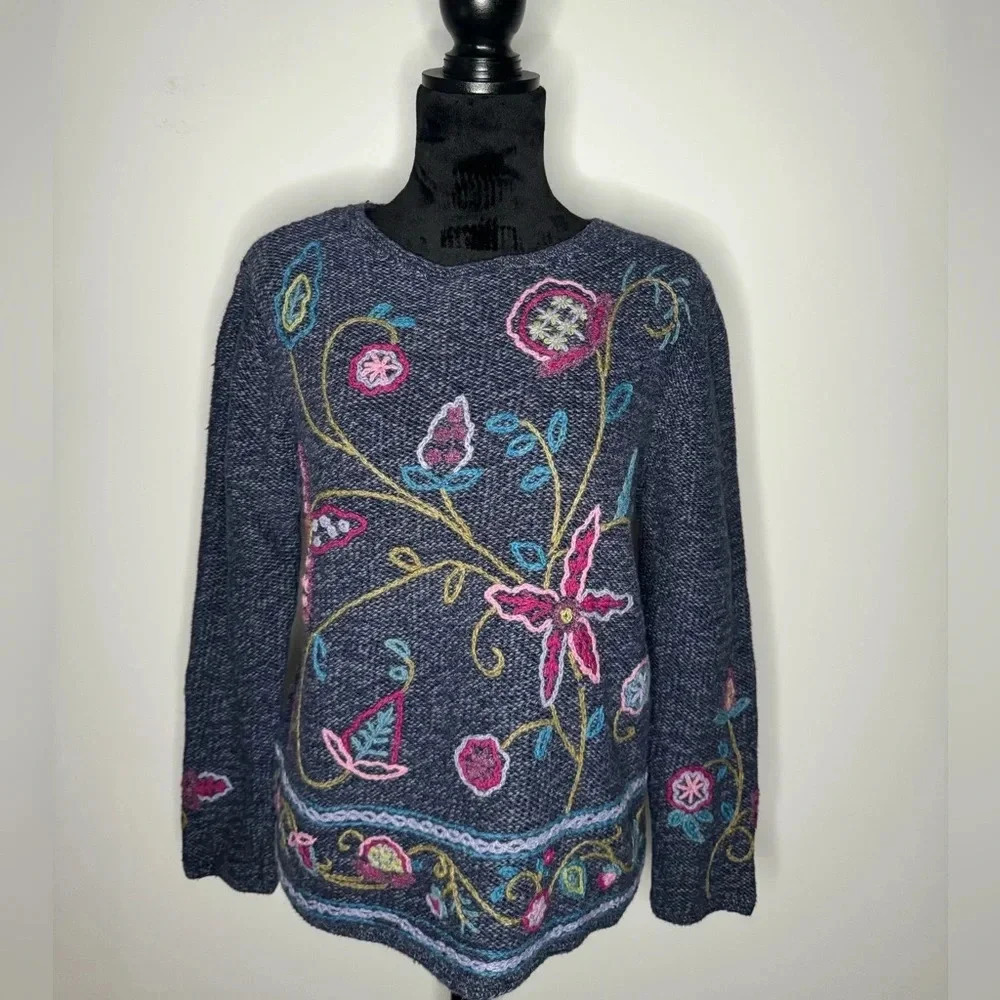VINTAGE WOOL COLDWATER CREEK EMBROIDERED FLORAL SWEATER COTTAGE CORE